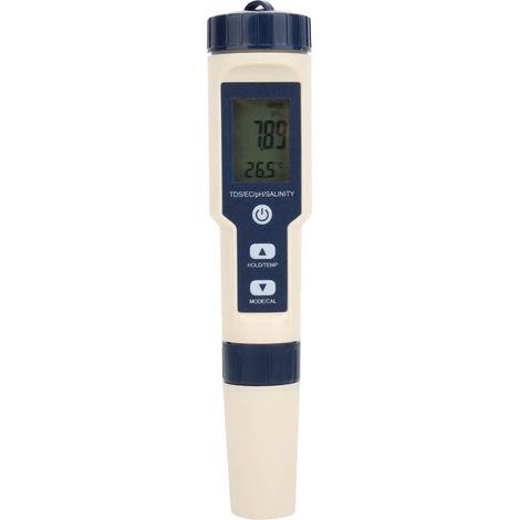 Analyseur de qualité de l'eau multifonctionnel EZ-9909 5 en 1 (pH/salinité/TDS/EC), testeur de pH/alcalinité, sans rétroéclairage, retrait de la poudre et de la pile inclus. Expédition (1/5)