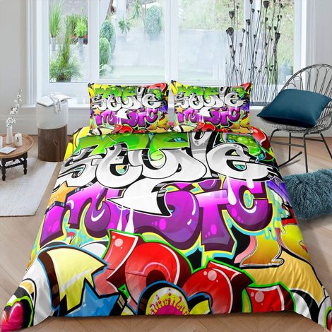 Parure de lit Graffiti 135 x 200 cm Pour adolescents Style hip-hop Pour enfants et garçons Motif graffiti Housse de couette respirante (1/4)