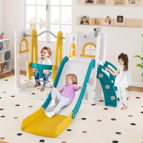 GOPLUS 7 en 1 Toboggan Interieur Enfants, Aire de Jeux avec Échelle, Panier de Basket, Balançoire, Télescope, Espace Rangement,pour Garçons, Filles de 1 à 3 Ans (Vert+Jaune) (1/5)