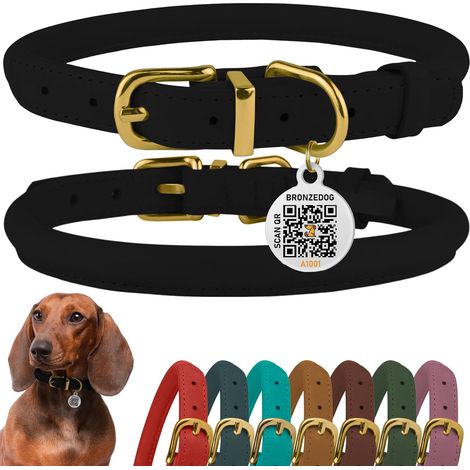 Collier en Cuir Roulé pour Chien avec Étiquette D'Identification QR Colliers Ronds Souples Ajustables pour Petits Moyens Grands Chiens Chiot Chat (Noir Nuit, 23-28 cm) (1/5)