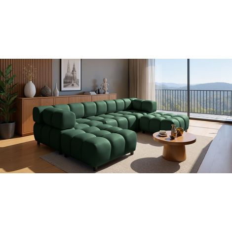 Sofa Designersofa FLOW 3-Sitzer inkl. 2 x Polsterhocker Stoff Bluvel Flaschengrün