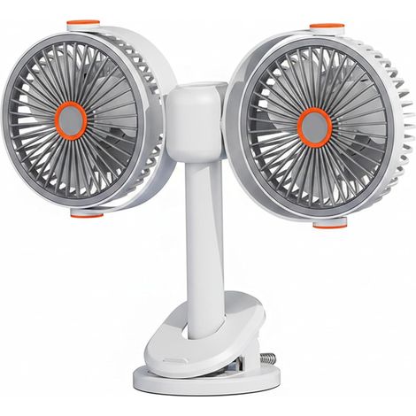 Ventilateur à double tête 3 en 1 à pince, à poser ou à suspendre, alimenté par batterie et USB -Blanc (1/5)