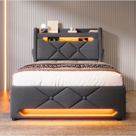 letto contenitore 90x200 LED USB lino grigio OKMYHOME (1/5)