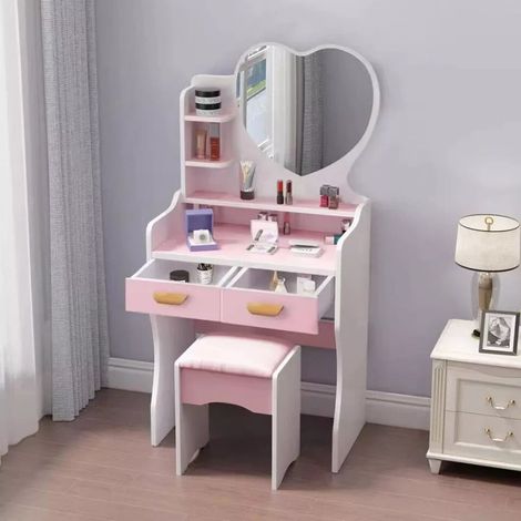 TrAdE Shop Traesio - Postazione Trucco Tavolo Make Up Specchiera Toeletta Con Specchio A Cuore Sgabello Rosa - (1/5)