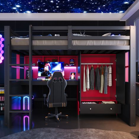 Lit mezzanine 90x200 cm - Avec bureau, armoire, tiroirs, LED et prises - En bois - Noir et rouge (1/5)