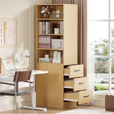 Meuble de rangement haut et étroit 180 cm, 4 niches ouvertes, 3 tiroirs latéraux, chêne clair HAVRYA (1/5)
