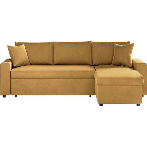 Loungitude – Canapé d'angle convertible réversible avec coffre en velours – 223 x 148 x 81 cm – Couchage 140 x 190 cm – Jaune ocre (1/5)