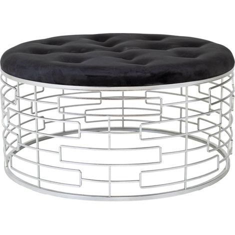 Banqueta redonda de terciopelo negro y metal plateado d91,5x47