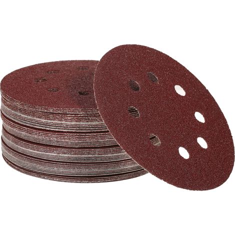 Paquet de 50 feuilles abrasives de 125 mm (5 pouces), conception à 8 trous, grains 220/180/120/80/60, adaptées aux ponceuses orbitales aléatoires. (1/5)