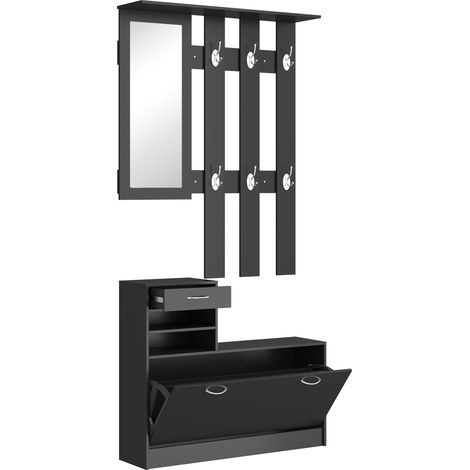 HOMCOM conjunto de recibidor de entrada con espejo, perchero y zapatero, muebles de recibidor de 2 piezas con 6 ganchos, estante y cajón, negro