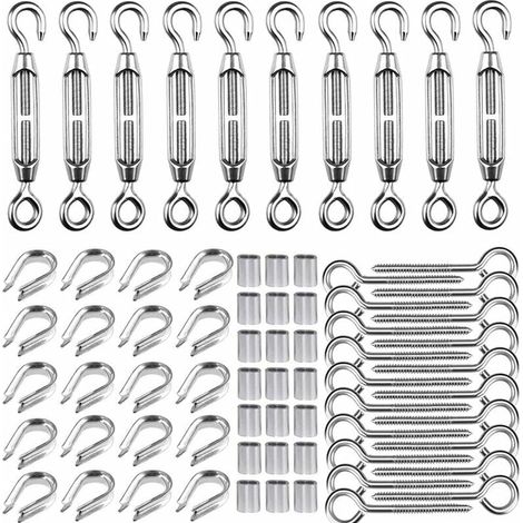 Kit tenditore M5 per fune metallica da 1/16", kit tenditore in acciaio inox 304, gancio e occhiello per tenditore M5, capicorda M2, ganci a vite M5, guaine per cavi M2 (1/5)