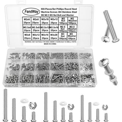 M2 M2.5 M3 Vis à Métaux et écrous,900 Pièces Vis à Tête Ronde Croix,Boulon et écrous Rondelles,Boulon à Tête Bombée Cruciforme Entièrement Filetées en Acier Inoxydable 304. (1/5)