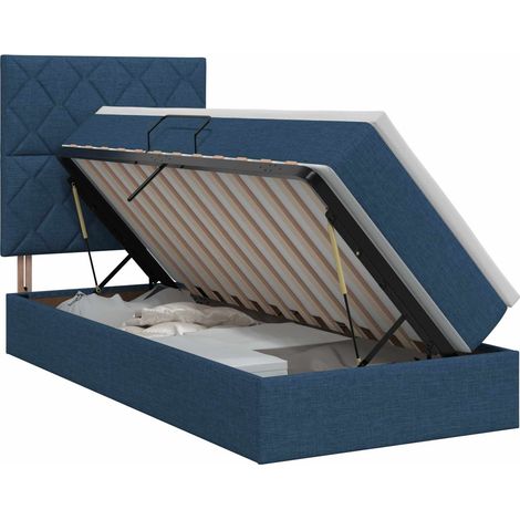 Lit coffre bleu 100 x 200 cm avec matelas et surmatelas, ouverture latérale hydraulique, cadre métal et tête de lit polyester (1/5)