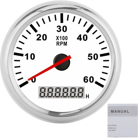 Tachimetro digitale 6000 giri/min, schermo LCD retroilluminato rosso, 85 mm, 12/24 V, per auto, barca, yacht, contagiri da 3 pollici, quadrante nero (quadrante bianco, lunetta argento).