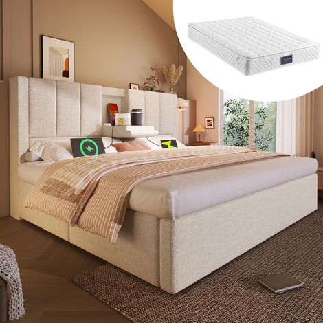 Bettgestell 140x200 cm Beige aus Leinen mit Stauraum, Kopfteil mit Becherhalter und Ladestation (1/5)