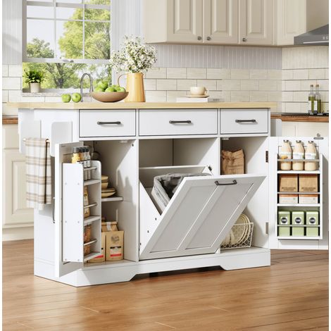 Isola cucina 120/45(70)/87 cm con piano ribaltabile, mobile su ruote in MDF con spazio contenitore e porta rifiuti (1/5)