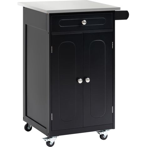 HOMCOM Chariot de service desserte de cuisine à roulettes multi-rangements 1 tiroir placard 2 portes avec étagère porte-torchons MDF noir acier inoxydable