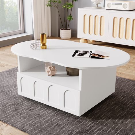 Tavolino da salotto ovale 100 cm, con cassetti, spazio di deposito, motivo ondulato, scomparto aperto, tavolo da salotto in legno - Bianco