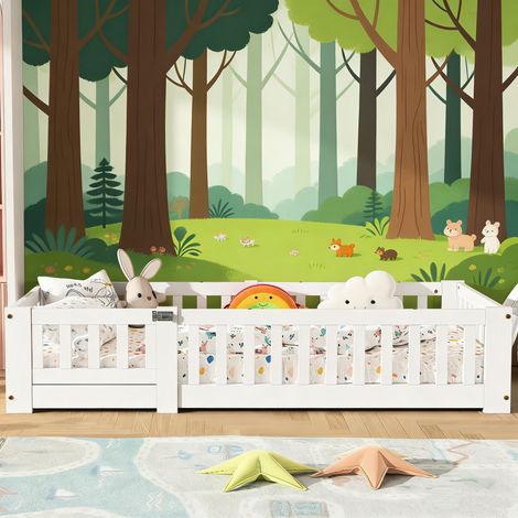 Lit au Sol Enfant 80x160, Lit Montessori au Sol en Bois Massif avec Barrière de Sécurité et Sommier à Lattes, Cadre de Lits 1 Place pour Garçons et Filles, Enfants et Bébés (1/5)