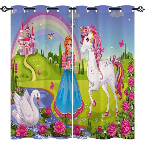 Rideau Occultant Licorne Princesse Château Tenture Opaque à Oeillets Draperies Intérieurs Rideau Thermique Isolant pour Maison Chambre Salon Fenetre 2 Pièces L 117 x H 138 cm - 117L X 138H cm (2 Panne (1/5)