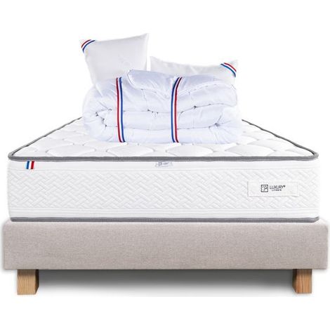 Ensemble Matelas 160x200 cm, Iris, 20 cm, mémoire de forme, ferme, face été/hiver + sommier beige ep20cm + 2 oreillers + couette (1/4)