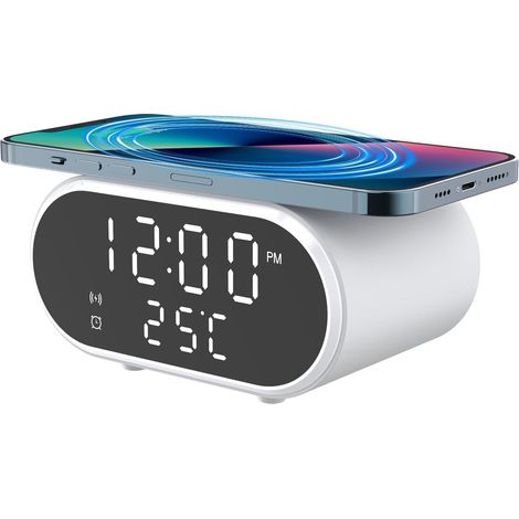 2-in-1-Wecker mit kabelloser Ladefunktion, digitalem Schnellladegerät für den Nachttisch, LED-Anzeige, USB-C-Netzkabel, geeignet für Schlafzimmer, Büro oder Studentenwohnheim, Weiß (1/5)