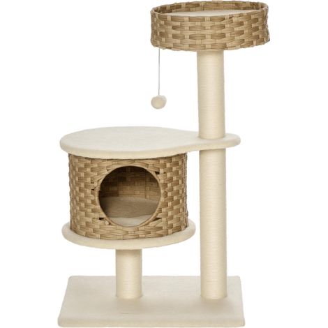 Arbre à chat de 95 cm avec grougete, balle de jeu, poteaux en sisal, grand plateforme, arbre à chat à plusieurs niveaux, arbre à grimpour, pour chats de moins de 5 kg, naturel et beige (1/5)