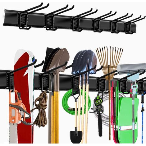 Crochets de rangement de garage, 122 cm, support mural robuste avec 3 rails et 6 crochets muraux doubles réglables, étagères de suspension pour outils de jardin/balai/serpillière (noir) (1/5)
