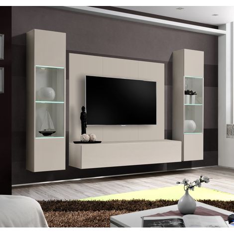 Ensemble meuble TV mural Fly A-P3 avec vitrine et éclairage LED - Bois MDF cachemire - 240 x 170 x 40 cm - Livraison gratuite