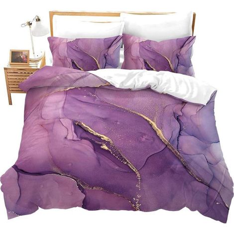 Bettwäsche-Set 200x200 cm, Marmor-Design, Lila Gold Glitzer, Mikrofaser, 3-teilig