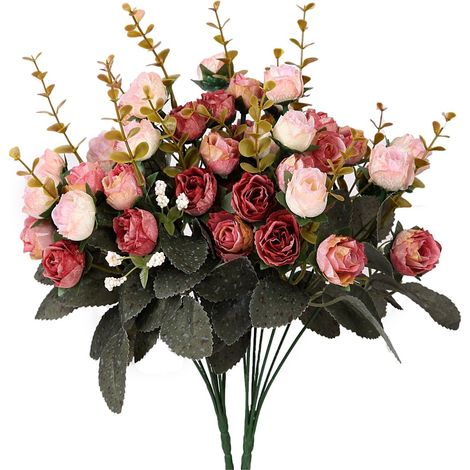 2 Bouquet fleurs artificielles, soie, tige plastique fil acier, rose feuille, décoration mariage salon bureau (1/5)