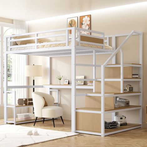 lit adulte mezzanine rangement bureau 140x200 métal OKMYHOME (1/5)