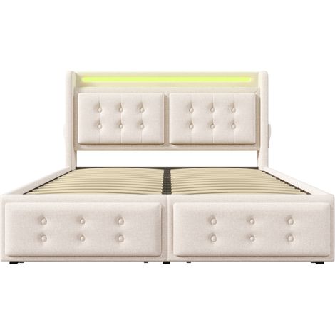 Lit 180x200 cm avec cadre en métal beige, tête de lit LED, 4 tiroirs de rangement, sans matelas (1/5)