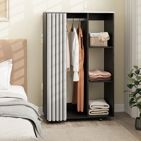 Armoire dressing mobile noire 80x40x128 cm avec 4 roues, tringle et étagères ouvertes (1/5)