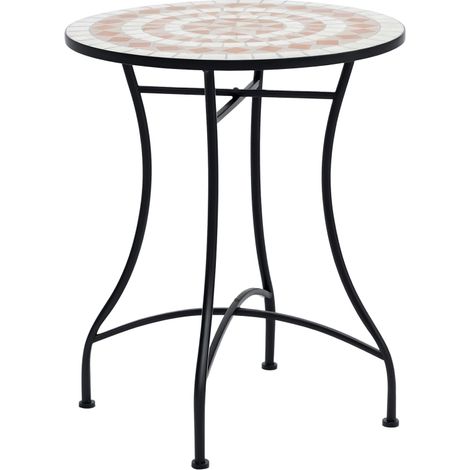 60 cm Mosaic Garden Table, Small Round Outdoor Side Table with Ceramic Top, Plant Stand for Patio, Balcony, Orange and White