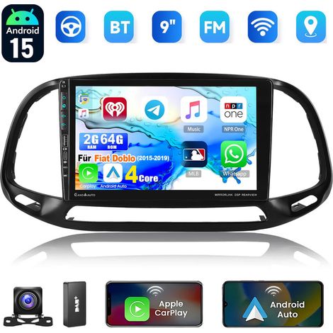 Autoradio Android 15 avec CarPlay, GPS, Wi-Fi et RDS, compatible Fiat Doblo (2015-2019), avec port USB Type-C - 2+64G DAB+ CAM