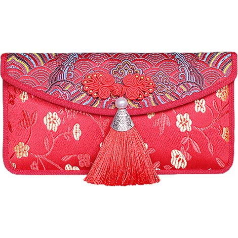 Enveloppe rouge en soie, argent porte-bonheur de poche chinois, pour Festival de printemps, mariage, nouvel an, anniversaire, perle ondulée de l'océan (1/5)