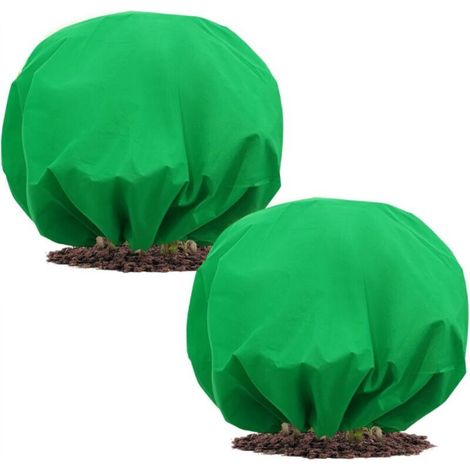 Two green frost protection tarpaulins, 2.4 meters in diameter, for plants, with drawstrings. (1/5)