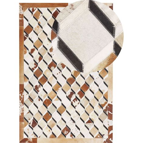 Tapis en Cuir Patchwork Marron 140 x 200 cm à Motif Géométrique 3D Idéal pour Intérieur Rétro Boho et Moderne Beliani (1/5)