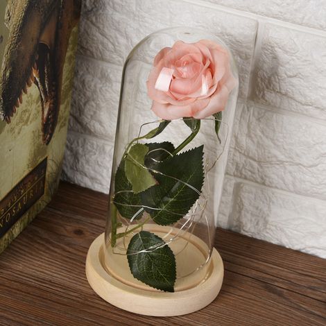 Rose lumineuse LED avec socle en verre, rose champagne, cadeau idéal pour la Saint-Valentin ou un mariage. (1/5)