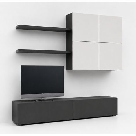 Parete Attrezzata Moderna Per Soggiorno Con Base TV 2 Ante Pensile 4 Ante E 2 Mensole In Melaminico Facile Da Pulire Design Contemporaneo 200 X 194 X 40 Cm Bianco E Grigio Grafite (1/5)