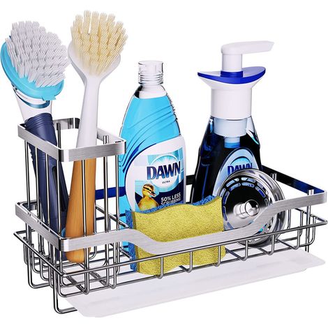 1 Organisateur d'évier, acier inoxydable, porte-brosse amovible, bac d'égouttage coulissant, résistant à l'eau et aux rayures, cuisine (1/5)