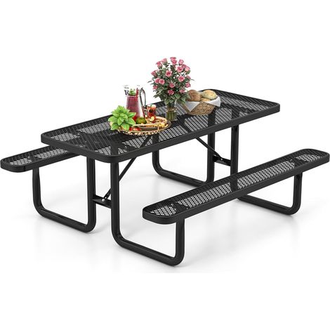 COSTWAY Conjunto Mesa y Banco de Picnic de 8 Personas, Mesa de Camping Rectangular de Metal Revestida, 2 Bancos de Rejilla de Malla, Mueble Jardín Terraza Exterior 184 x 171 x 75 cm (1/5)