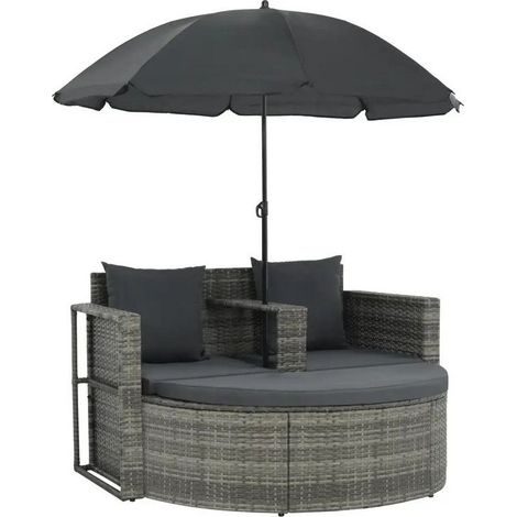 Salon de jardin avec parasol résine tressée et tissu gris Uvo (1/4)