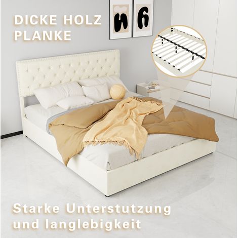 Bett 160x200 cm beige aus Stoff und Metall, hohes Kopfteil, Lattenrost, Stauraum unter dem Bett (1/5)