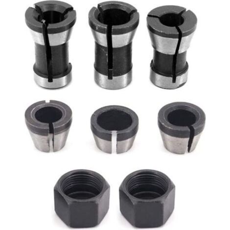 Lot de 6 mandrins de serrage en acier de haute précision pour défonceuse - 6 mm, 6,35 mm, 8 mm + 2 écrous (1/4)