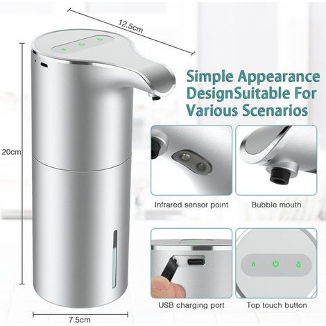 Distributore automatico di sapone bianco, distributore di sapone per le mani senza contatto con sensore a infrarossi, ricarica USB, capacità regolabile (1/4)
