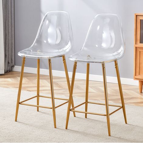 Lot de 2 tabourets de bar transparents avec structure en métal doré (1/5)