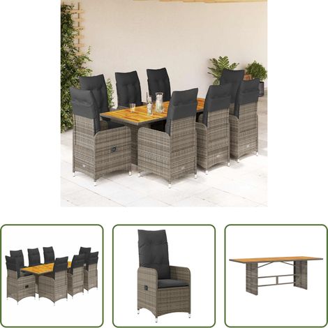 Gartentisch - 9-tlg. Garten-Bistro-Set mit Kissen Grau Poly Rattan (1/5)