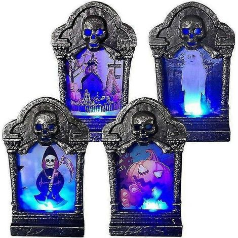 Lot de 4 pierres tombales décoratives pour Halloween, avec yeux rouges lumineux, pour jardin, pelouse ou cour. (1/5)